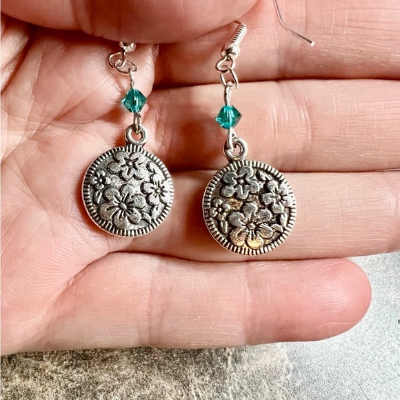 New Hibiscus Flower Charm & Marine Green Swarovski Crystal Bead Dangle Earrings - Picture 2 of 5